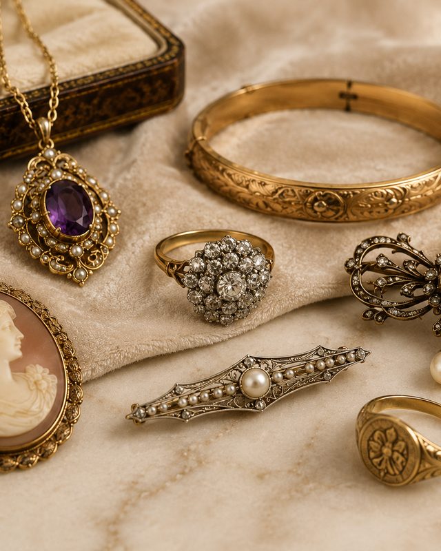 Antiker Vintage-Schmuck: Cameo-Brosche, Armreif und Ringe